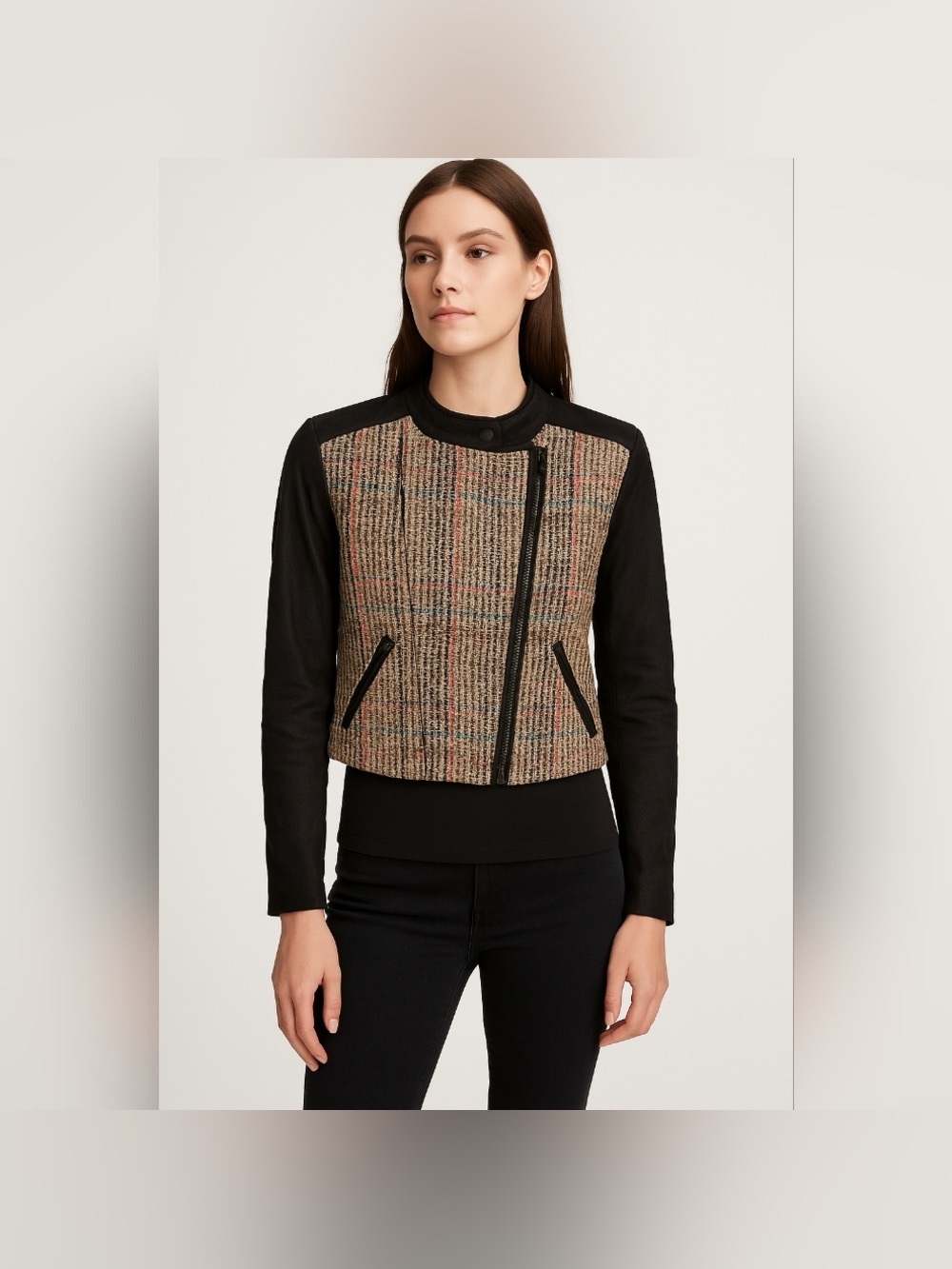 THEORY Multicolored Woven Silk w/ Soft Sueded Goat Leather Sleeves Zip Up Jacket - Picture 2 of 7